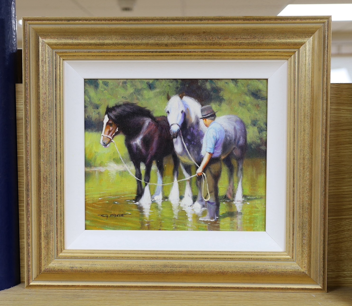 Tony Sheath (b.1946), oil on board, Farmer watering horses, signed, 25 x 29cm